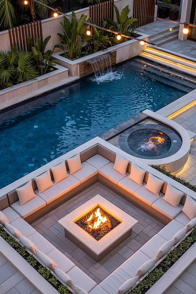 Luxury Pool Landscaping: Backyard Retreats with Fire Pit & Modern Pool