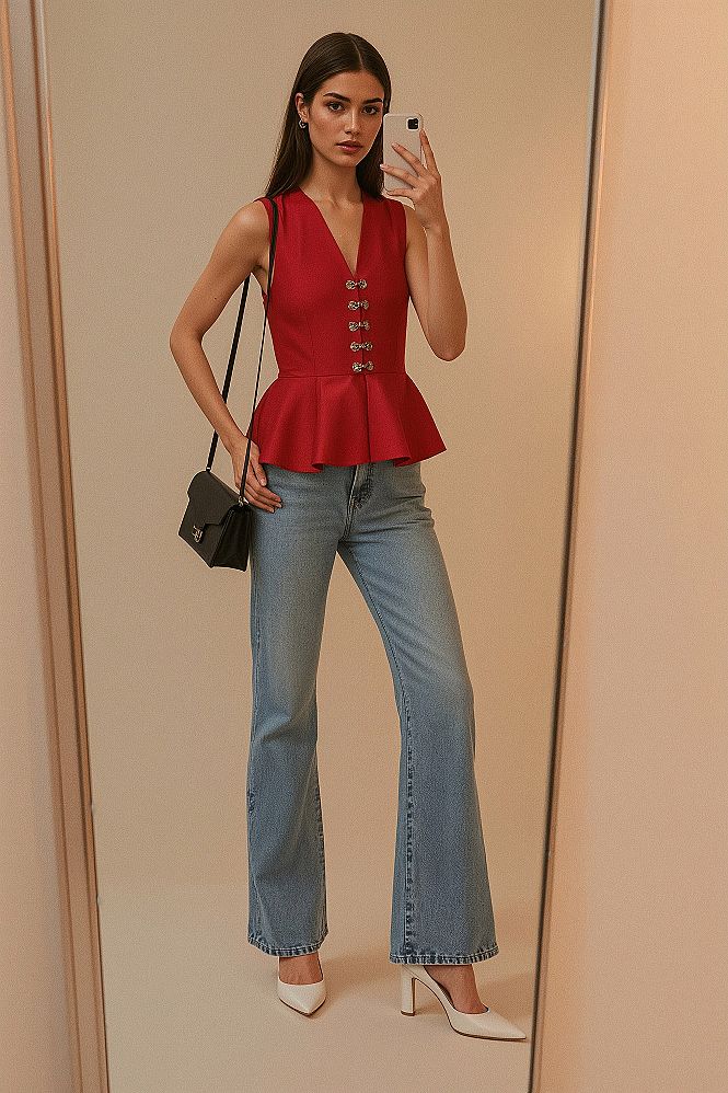 Vibrant Red Top & Jeans: Your Next Classy Work Outfit?