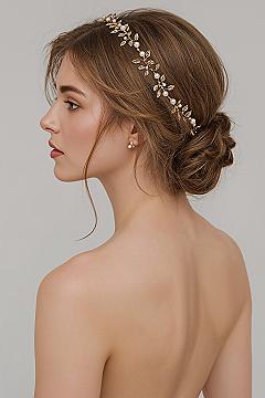 Enchanting Braided Updo with Gold & Pearl Headpiece for Brides