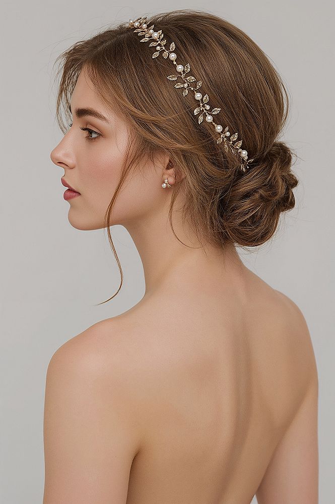 Enchanting Braided Updo with Gold & Pearl Headpiece for Brides
