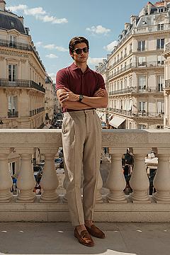 European Chic: Summer Polo Shirt & Beige Trousers Outfit