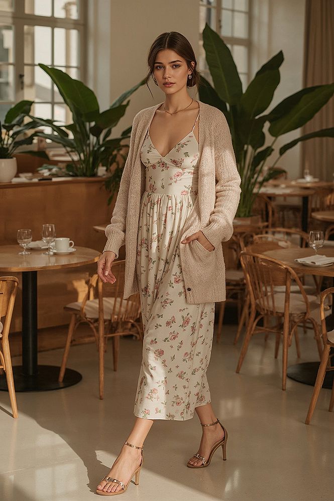 Brunch Date Outfits: Romantic Floral Dress & Cardigan
