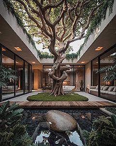 Inner Garden Sanctuary: Courtyard House with Majestic Tree
