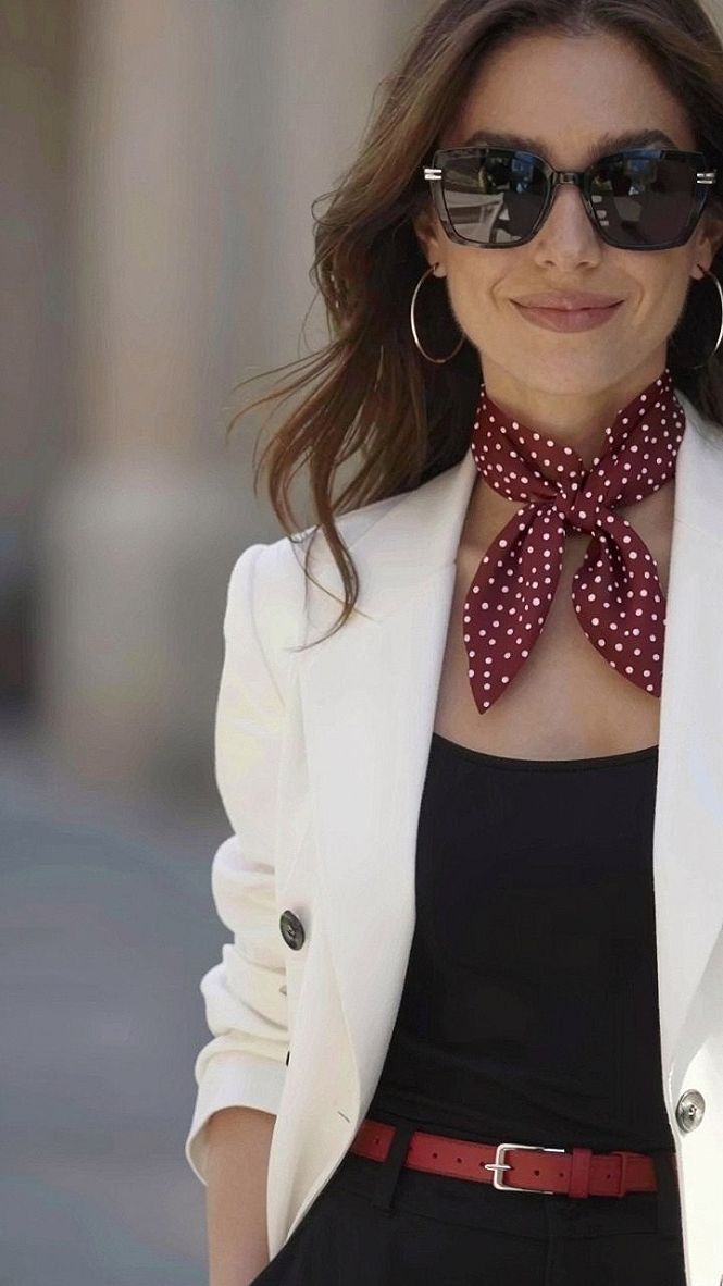 Adding a Polka Dot Silk Neck Scarf to a White Jacket