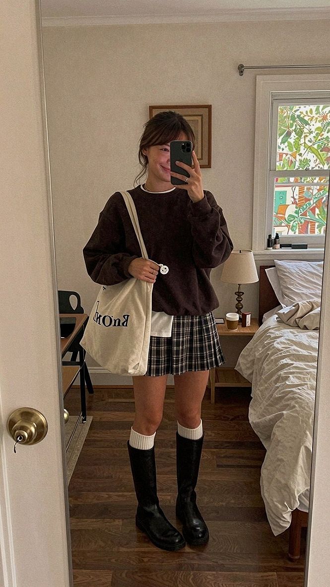 Pairing Brown Suede Boots with a Pleated Plaid Skirt