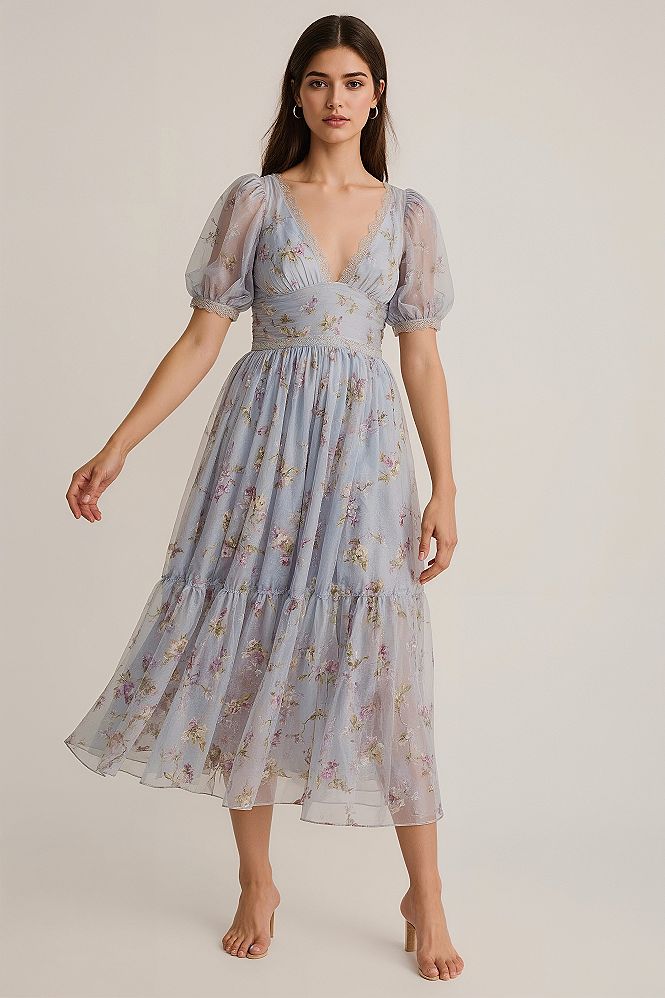 Light Blue Floral Midi Dress: Perfect for Wedding Guests & Cocktail Attire