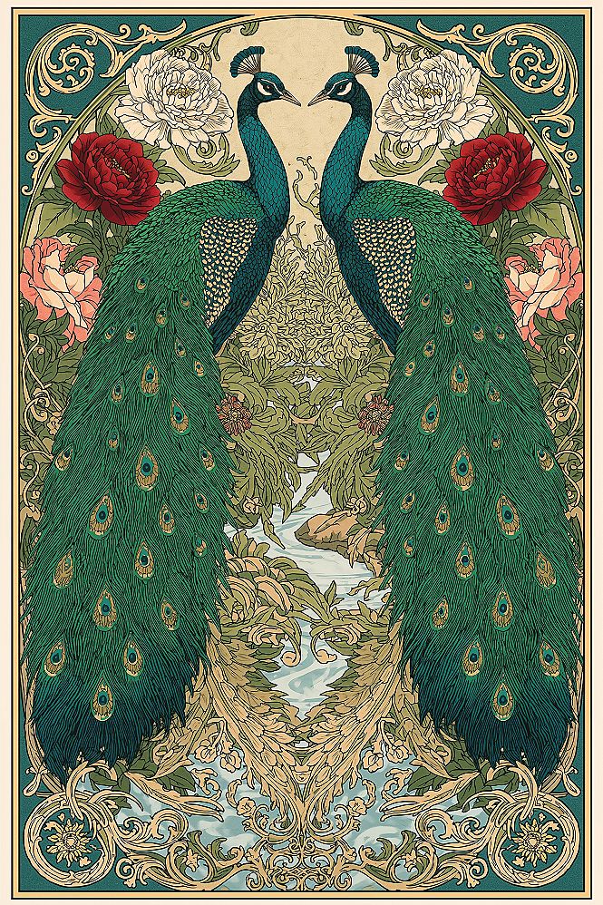 Art Nouveau Peacocks: Elegant Garden Wall Art & Floral Illustrations