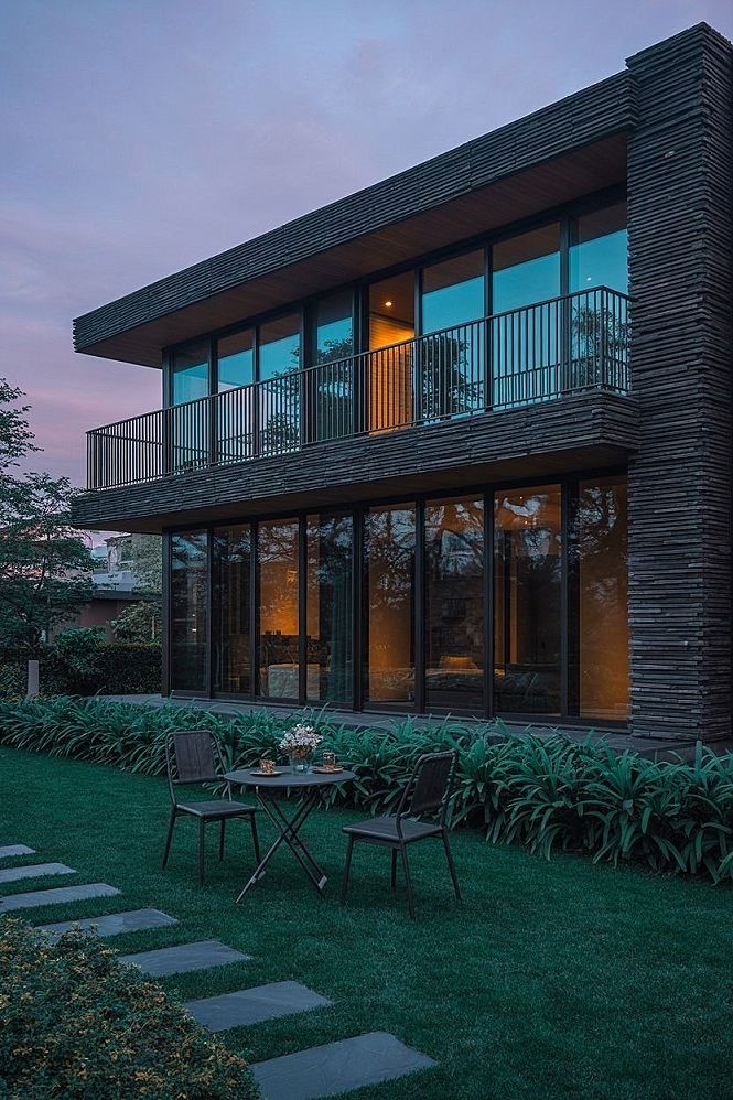 Stunning Modern Two-Story House with Balcony & Stone Walls