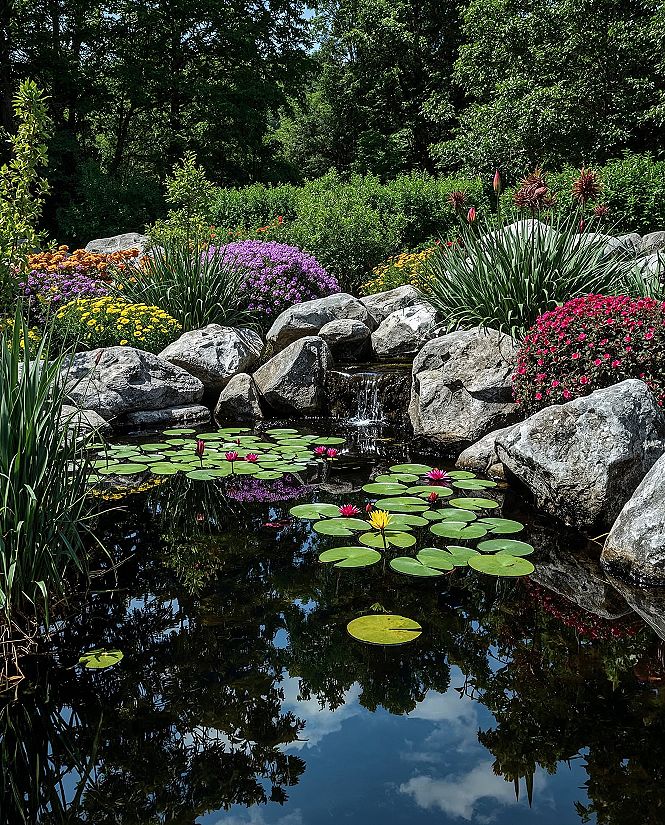 Enchanting Forest Pond: A Tropical Paradise of Colorful Blooms