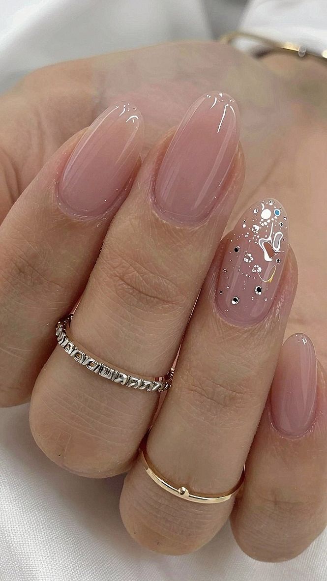 Milk Bath Acrylic Nails With Tiny Metallic Flecks