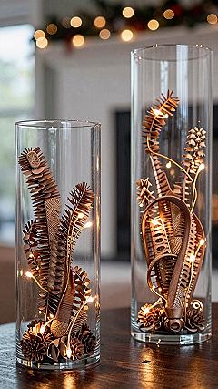 Glass Cylinder Centerpieces with Wood Accents and Fairy Lights
