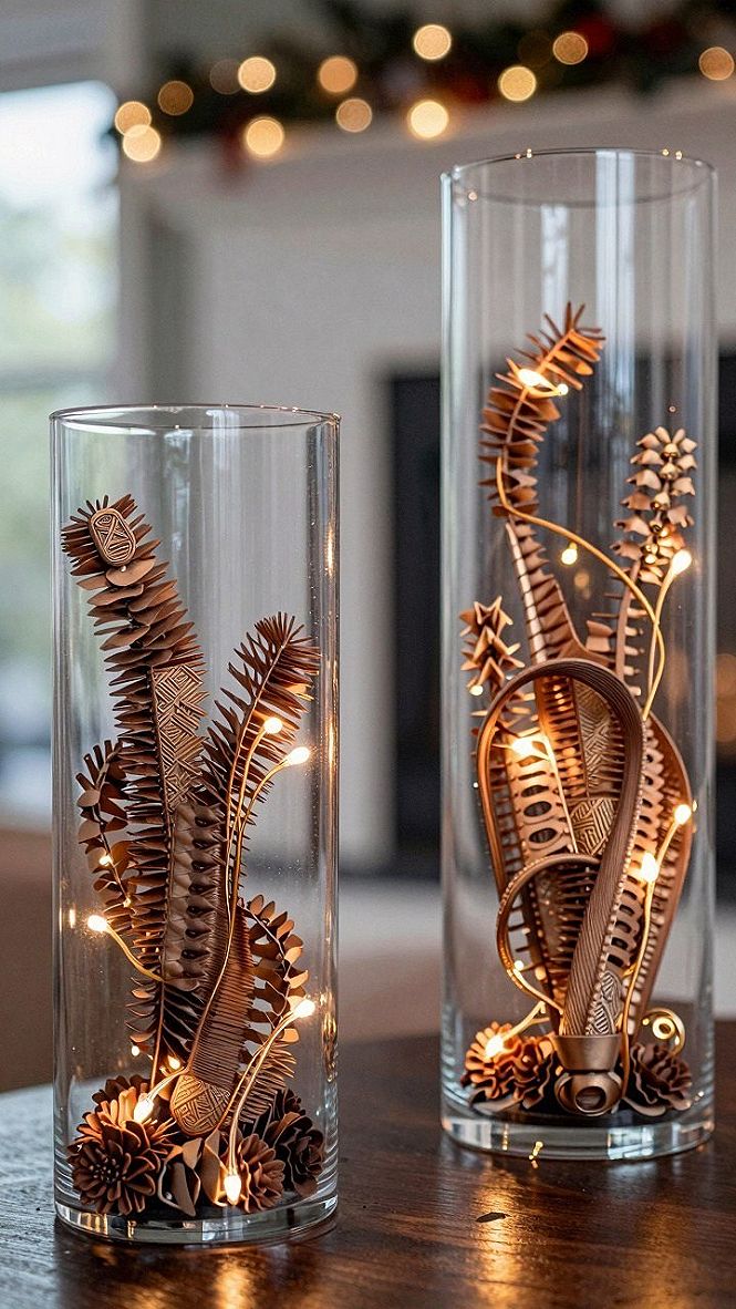 Glass Cylinder Centerpieces with Wood Accents and Fairy Lights