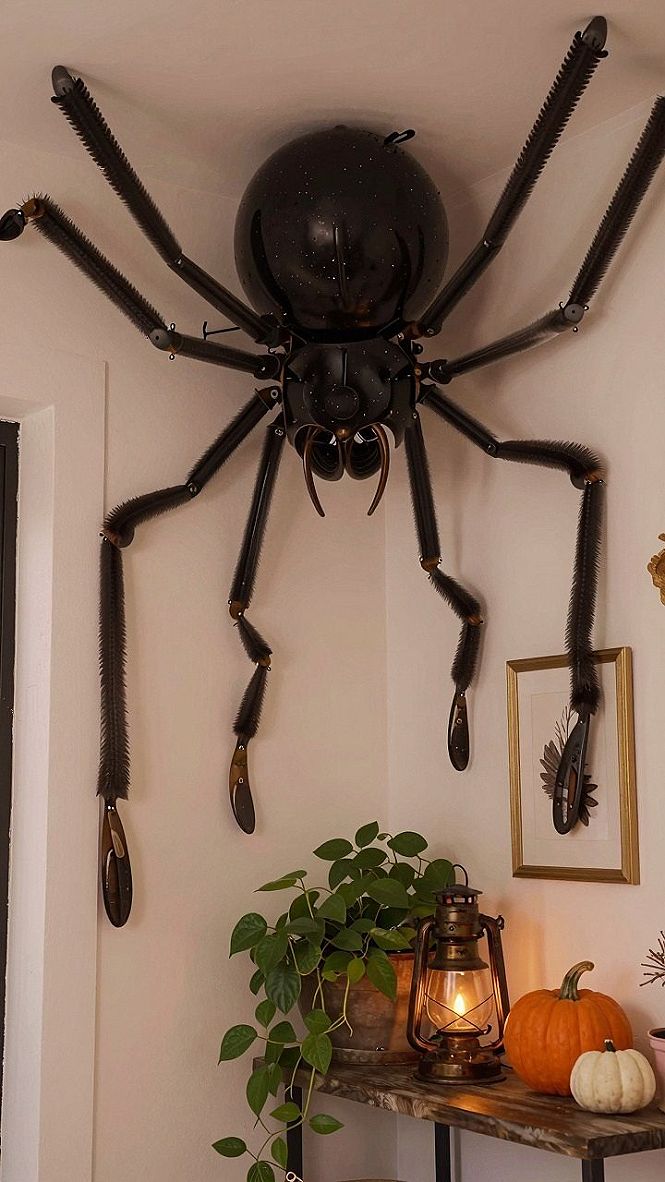 Hanging a Giant Wall Spider for Halloween