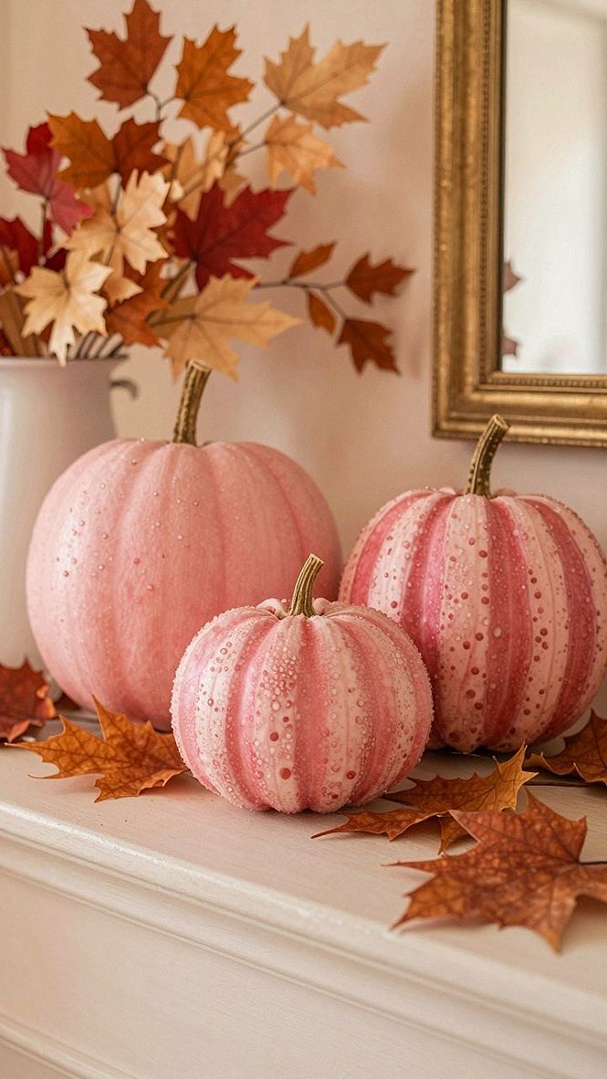 Arranging Pink Pumpkins and Fall Leaves for Porch Displays