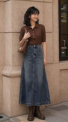 Styling Brown Suede Boots with a Long Denim Skirt