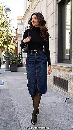 Pairing Dark Denim Skirts with Cozy Knit Layers