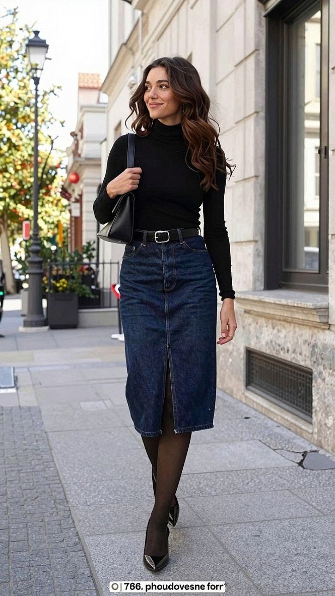 Pairing Dark Denim Skirts with Cozy Knit Layers