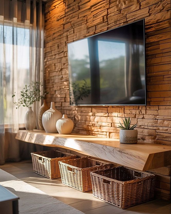 Cozy Vibes: Indoor Stone Wall Meets Wood Theme Living Room
