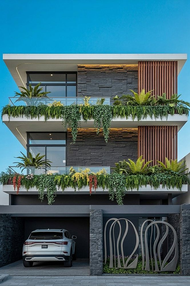 Contemporary Villa Facade: 25 Ft Front Design with Tropical Modern Flair