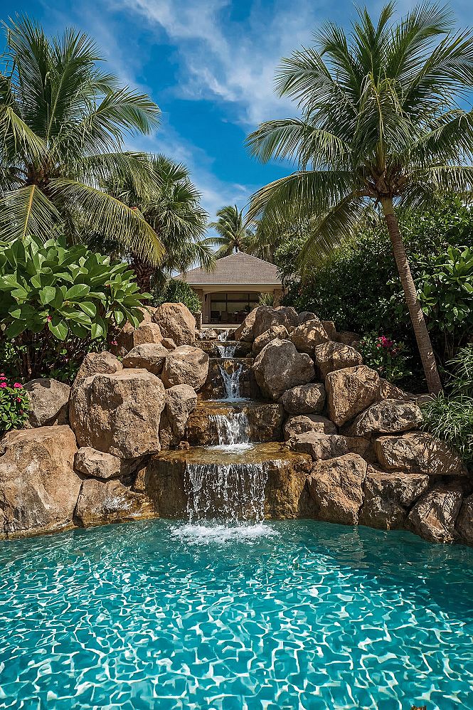 Tropical Oasis: Dreamy Beach Lagoon Pool with Natural Waterfall