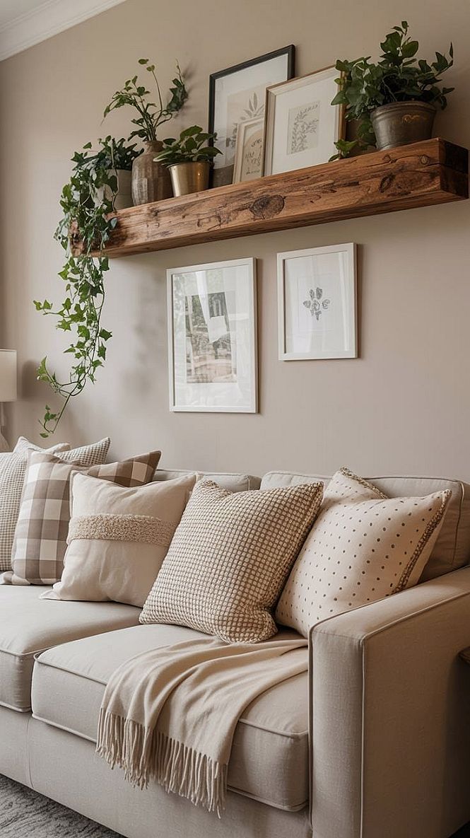 Warm Neutral Living Room: Floating Shelves & Farmhouse Inspo