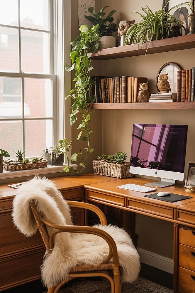 Cozy Home Office Oasis: Feminine Spaces & Indoor Plant Shelves
