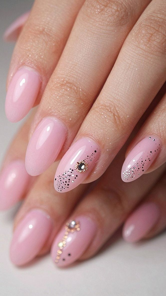Charming Pink Nails Featuring Delicate Crystal Accents