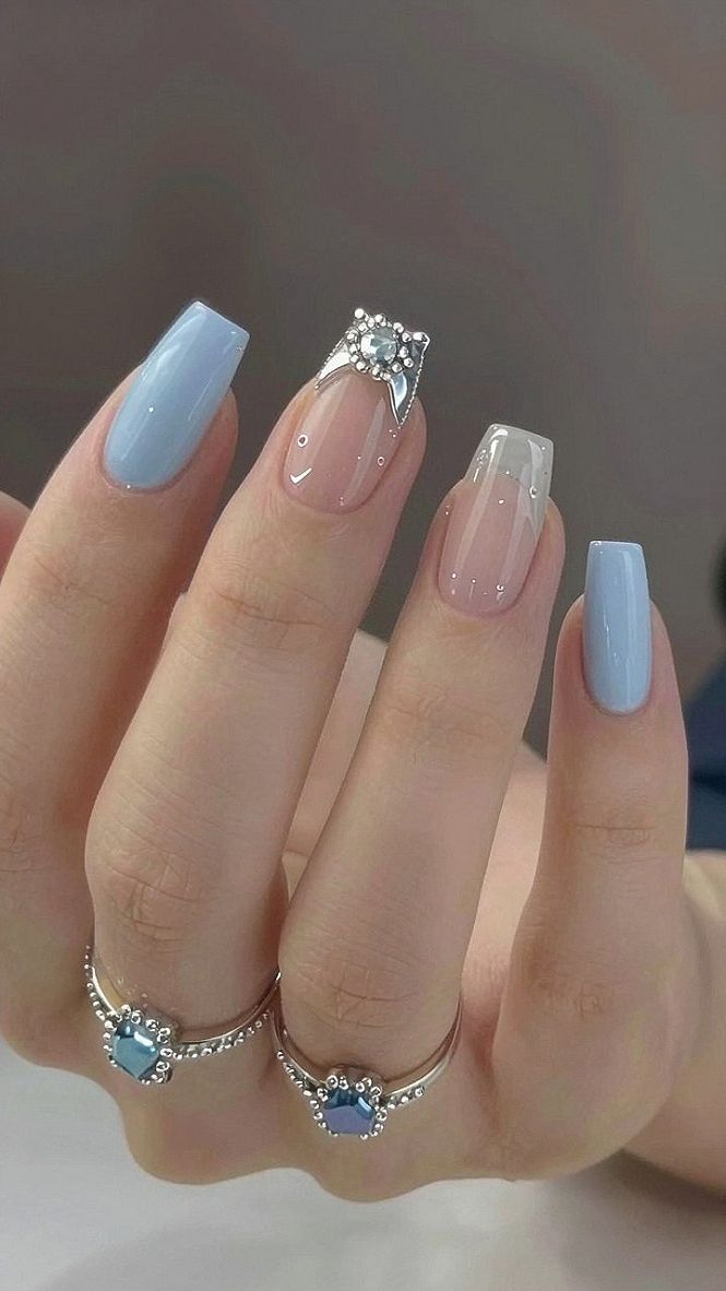 Glossy Blue Acrylic Nails With Crown Charms