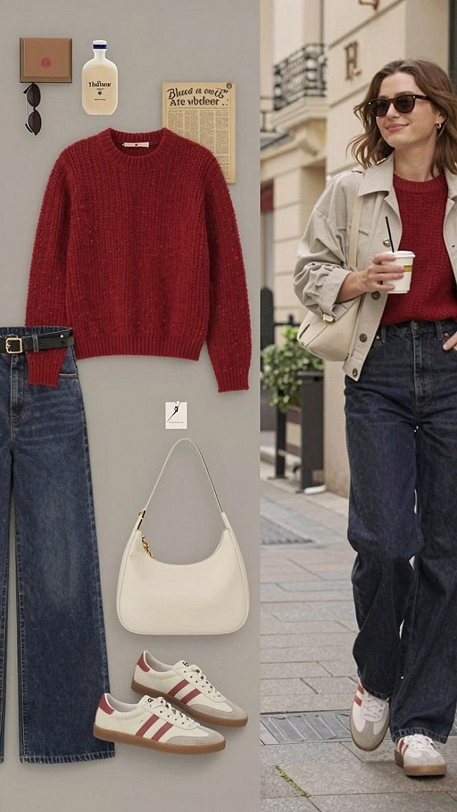 Adding a Light Neutral Jacket Over Your Burgundy Knit