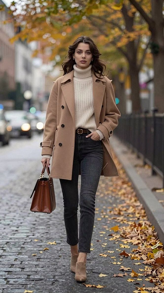 Styling Denim Jeans with a Tailored Brown Overcoat