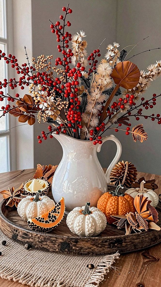 Styling a Wooden Tray with Ceramic Pumpkins and Berry Branches