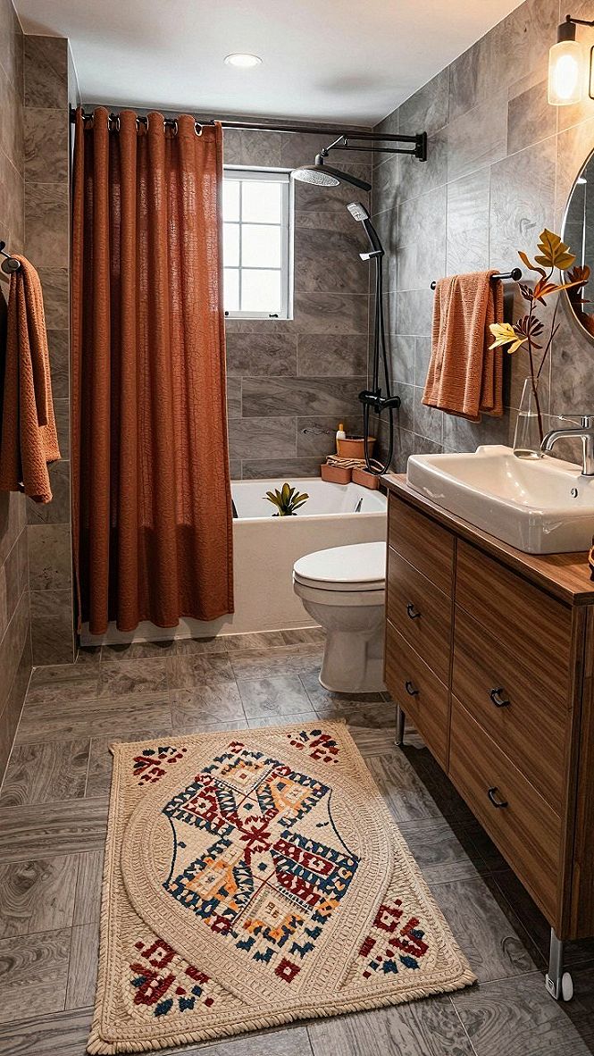 Hanging a Rust Colored Shower Curtain for Autumn Style