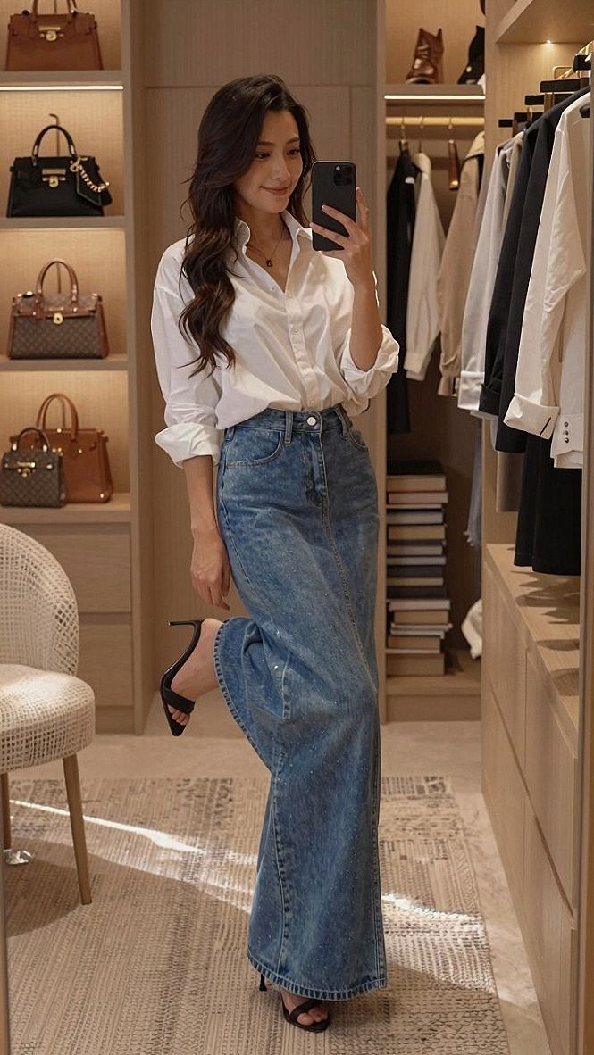 Styling Brown Suede Boots With Denim Maxi Skirts