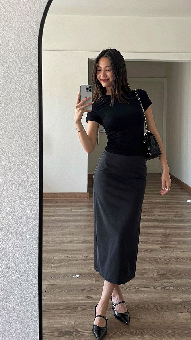 Styling a Dark Suede Midi Skirt with a Simple Tee