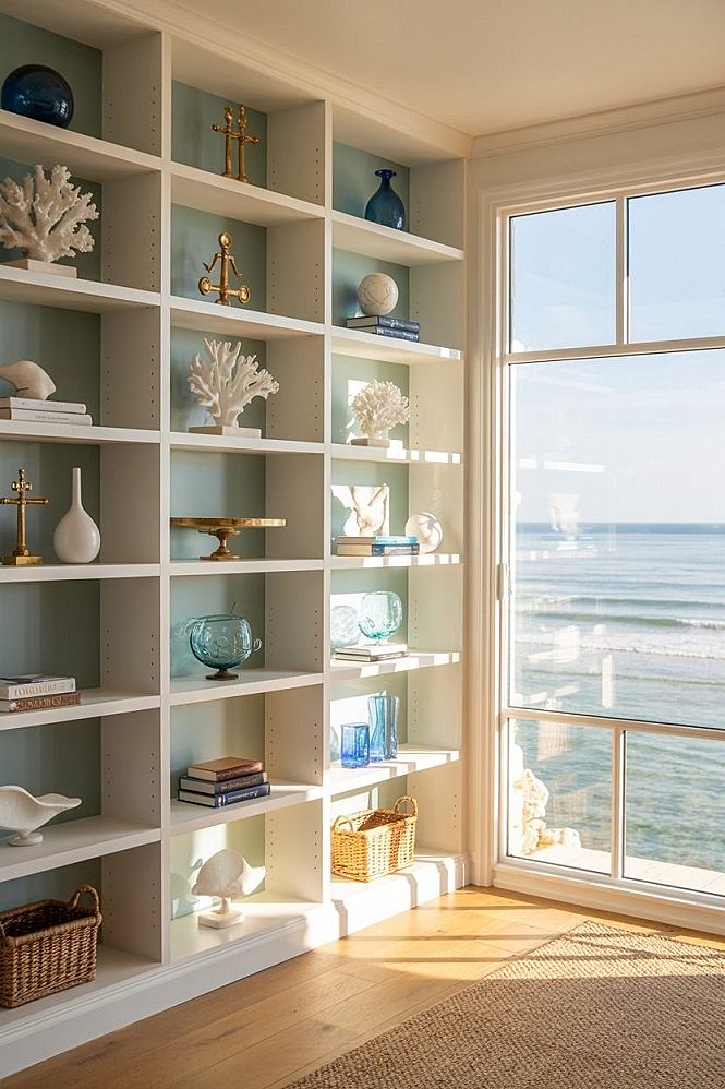 Chic Coastal Library Nook: Built-In Bookshelf Elegance