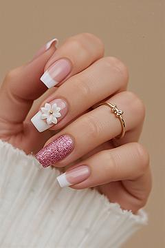 Elegant Pink & White Floral Square Nails for Summer Bliss