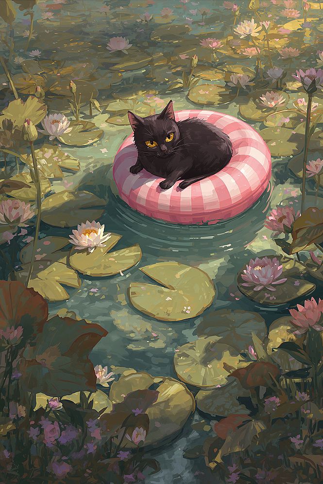 Dreamy Cat & Lily Pond: Aesthetic Laptop Wallpaper for Nature Lovers