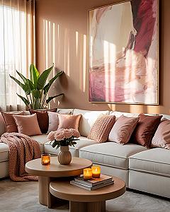 Cozy Pink & Brown Apartment Living Room: Mid-Century Chic