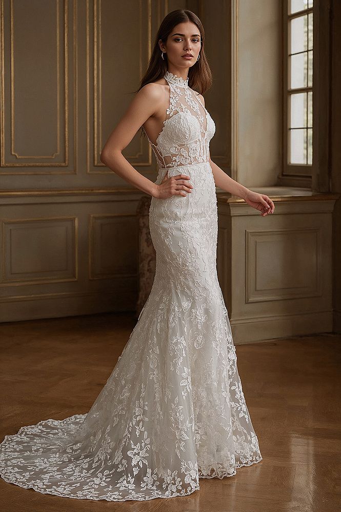 Dreamy High Neck Lace Mermaid Wedding Dress for 2024 Brides