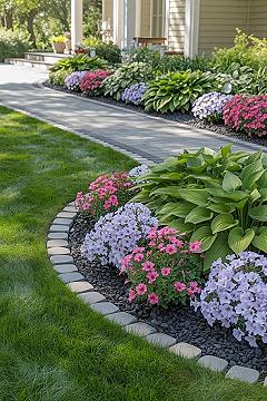 Modern Front Garden: Yard Island Landscaping with Vibrant Plants & Stone