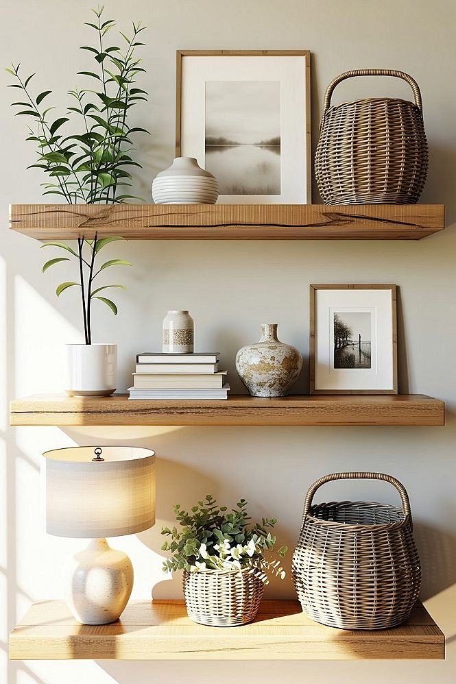 Rustic Wood Shelves: Entryway Wall Decor Ideas