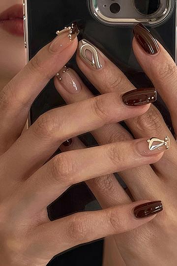 Rich Chocolate Nails with Metallic Accents