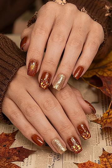 Rich Chestnut and Gold Sparkle Thanksgiving Nails