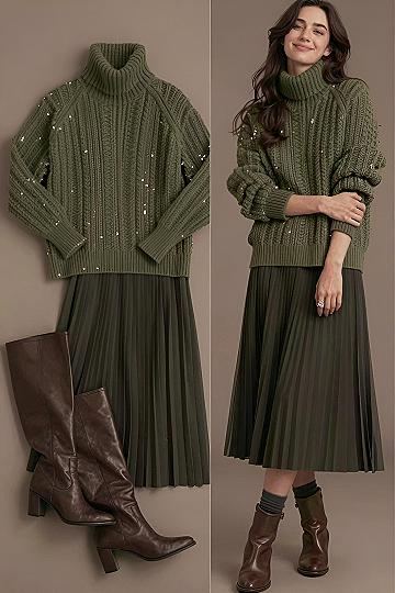 Pairing a Chunky Olive Green Turtleneck with a Midi Skirt