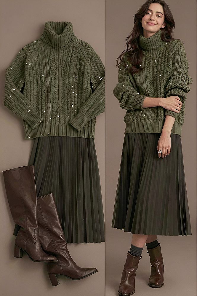 Pairing a Chunky Olive Green Turtleneck with a Midi Skirt