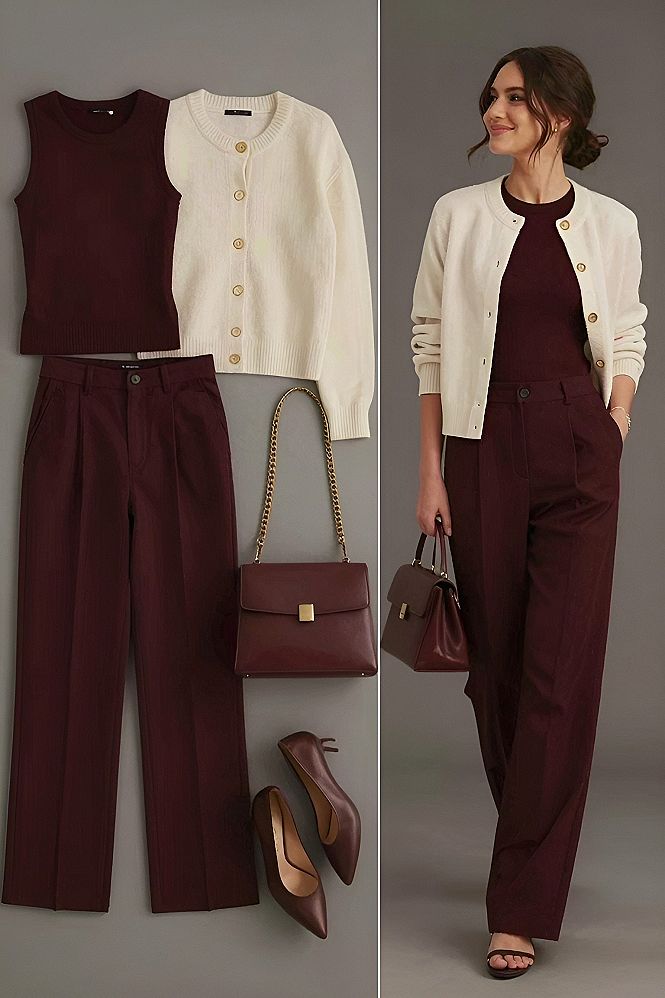 Pairing a Burgundy Suit with a Cream Cardigan for Work