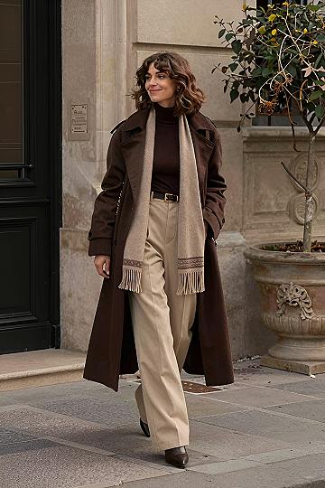 Pairing a Winter Coat with Neutral Trousers and Knitwear