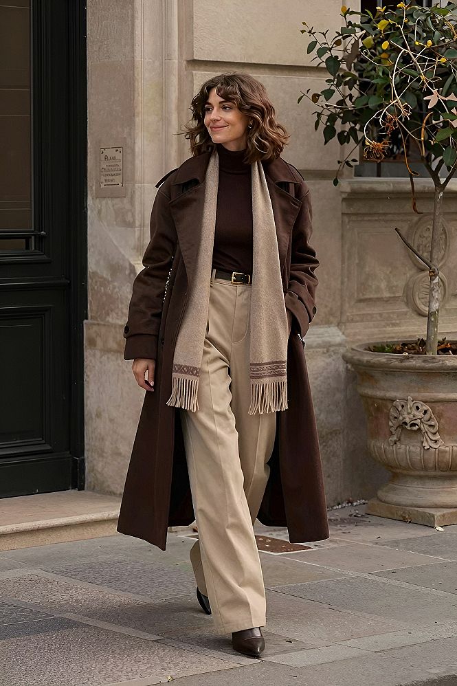 Pairing a Winter Coat with Neutral Trousers and Knitwear