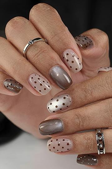 Autumn Brown Polka Dot Nails with Cat Eye Polish