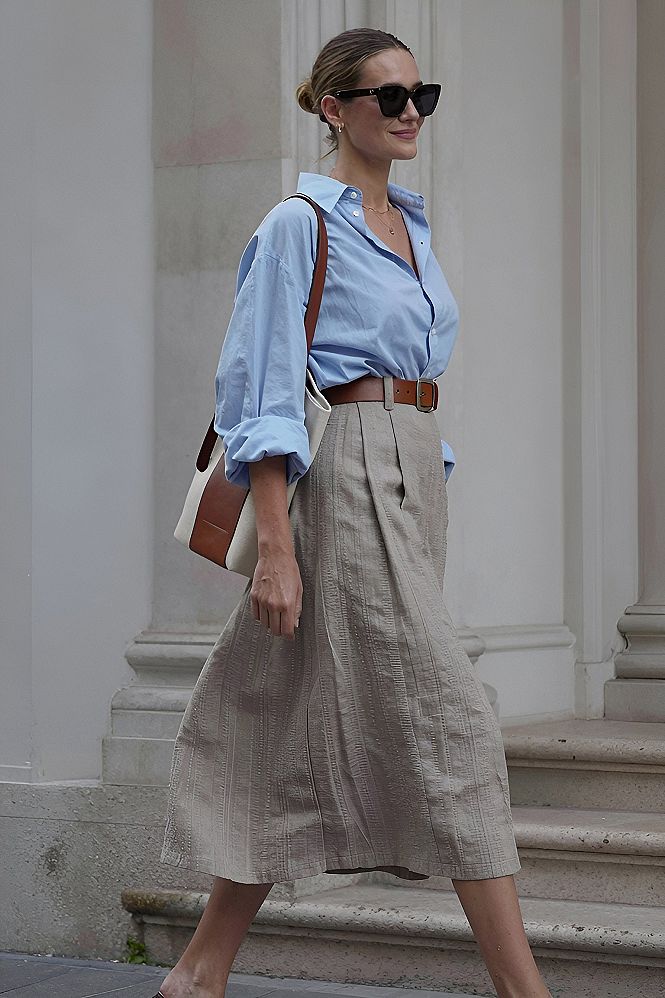 Pairing a Button Down Shirt With a Midi Skirt for Autumn